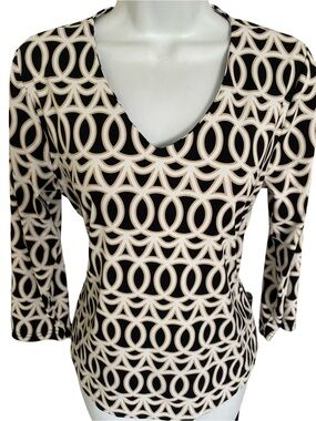Lulu-B Brown & Cream Geometric V-Neck Long Sleeve Top- S